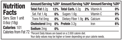 Nutrition Facts label for TerraNut Nut Punch snack bar showing serving size, calories, fat, sugars, protein, fiber, sodium, calcium, and iron.