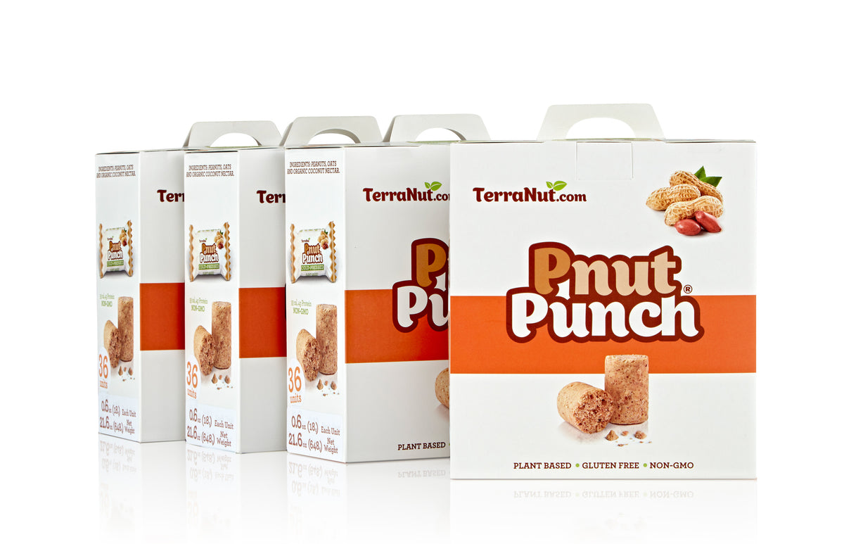 TerraNut Pnut Lovers' Set: four 36-unit boxes of Pnut Punch cold-pressed peanut snack bars.
