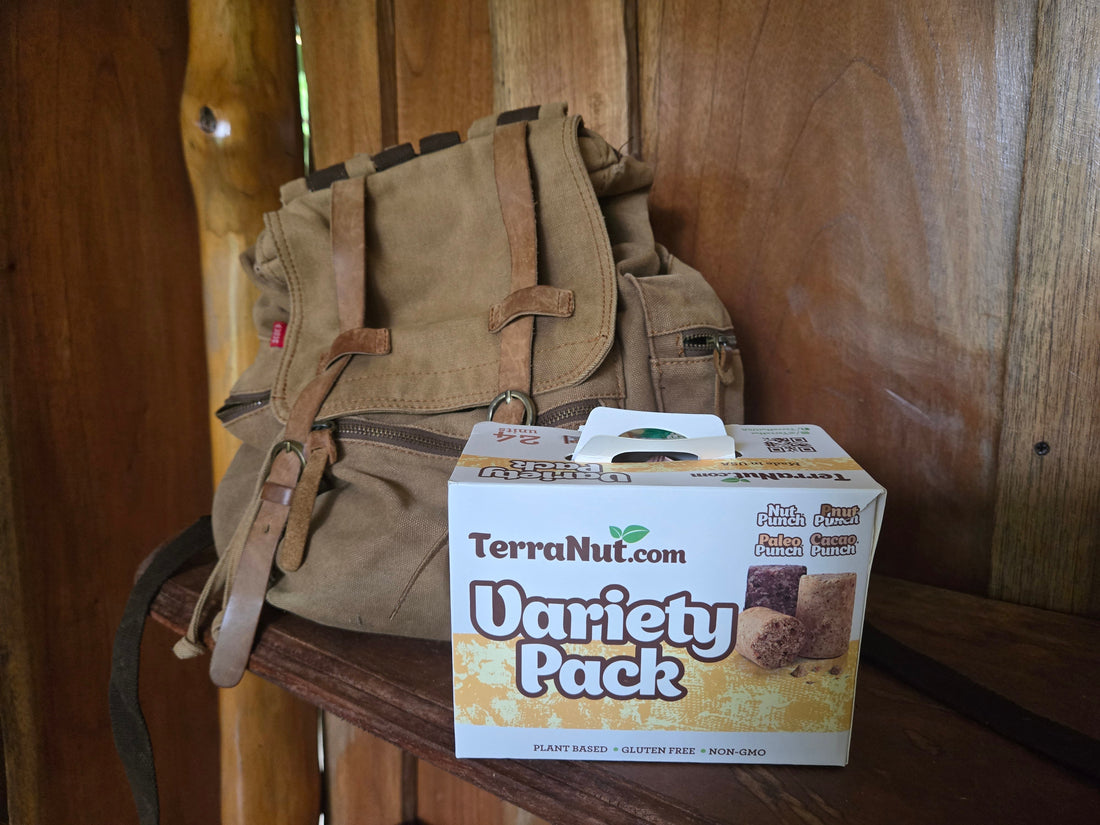 TerraNut Variety Pack snack box next to a backpack, ready for back-to-school lunches