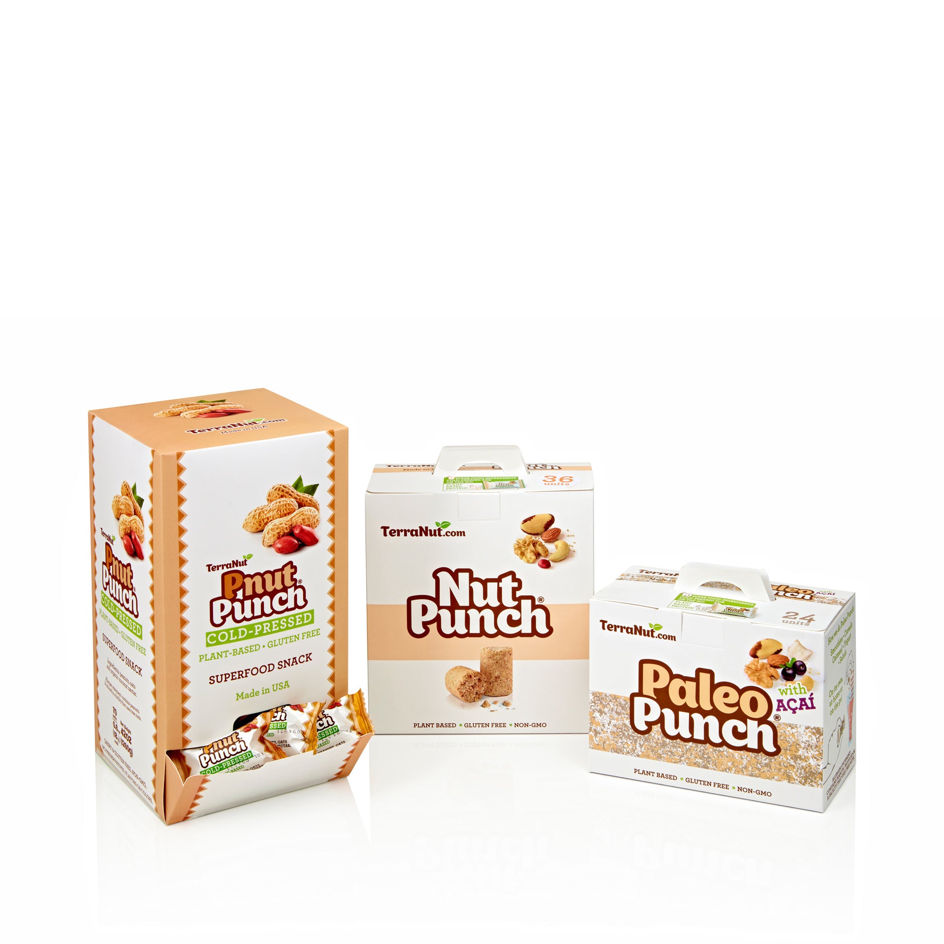 A TerraNut variety set containing 130 units, featuring a tall Pnut Punch retail display box, a Nut Punch box, and a Paleo Punch with Açaí box on a white background.