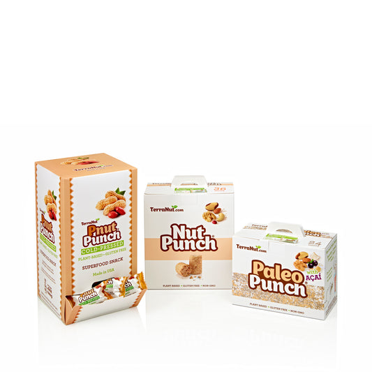 A TerraNut variety set containing 130 units, featuring a tall Pnut Punch retail display box, a Nut Punch box, and a Paleo Punch with Açaí box on a white background.