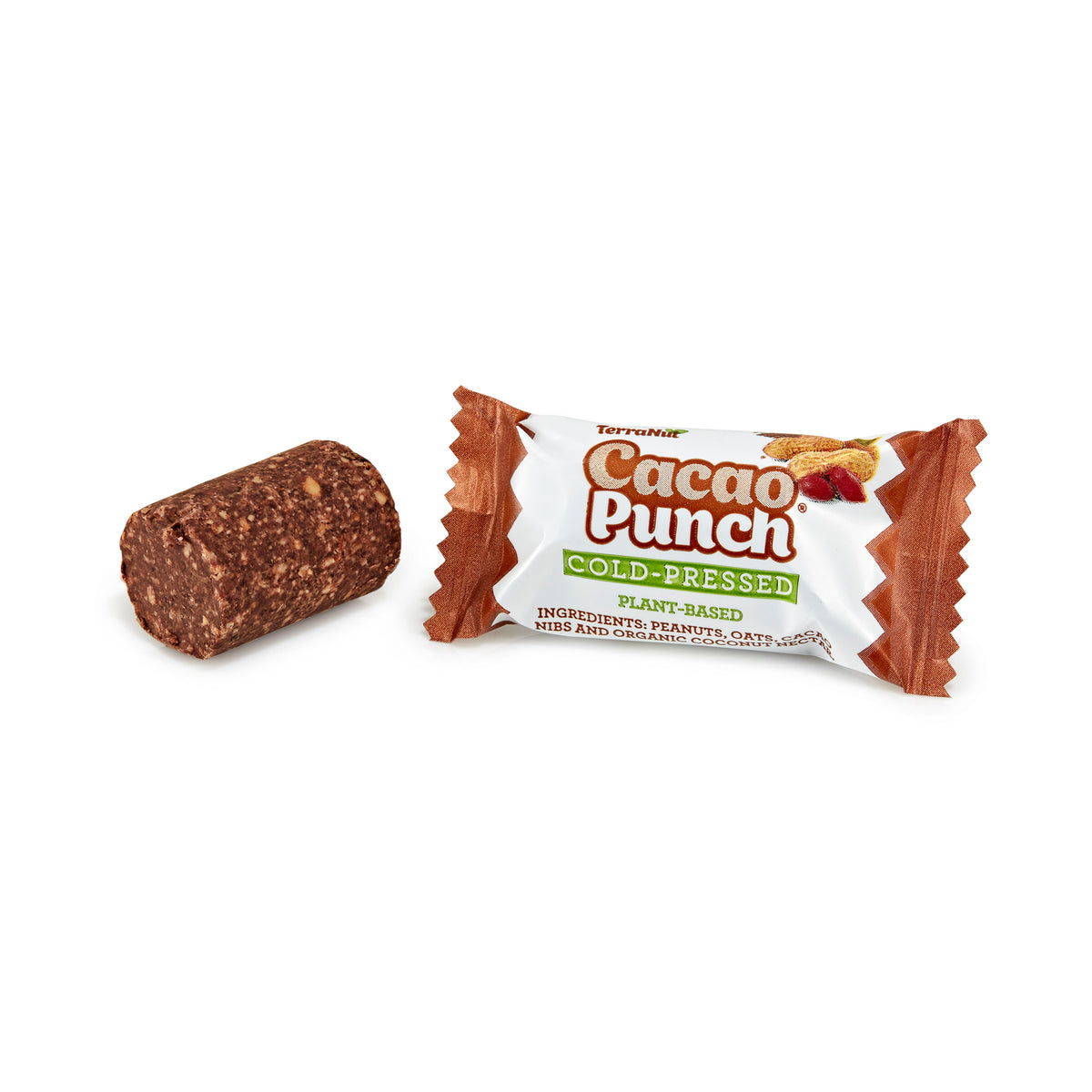 Single unwrapped TerraNut Cacao Punch cold-pressed chocolate snack bar made with cacao.