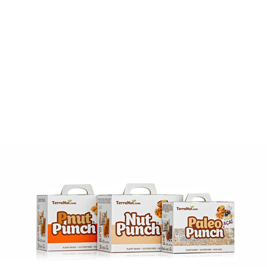 A bundle of three TerraNut snack boxes featuring Pnut Punch, Nut Punch, and Paleo Punch with Açaí, offering a total of 124 cold-pressed, plant-based units for families.