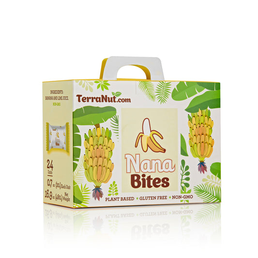 TerraNut Nana Bites 24-count box of chewy banana snack bites, gluten-free and vegan.