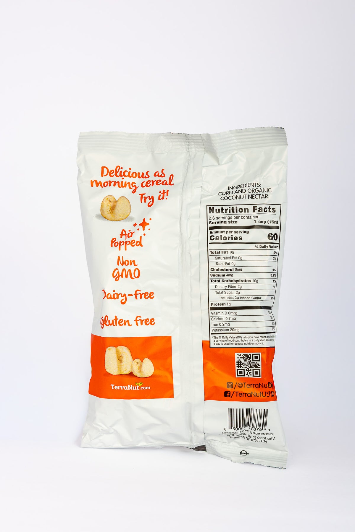 Back of a TerraNut New Pop original sweet bag showing Nutrition Facts and ingredients.