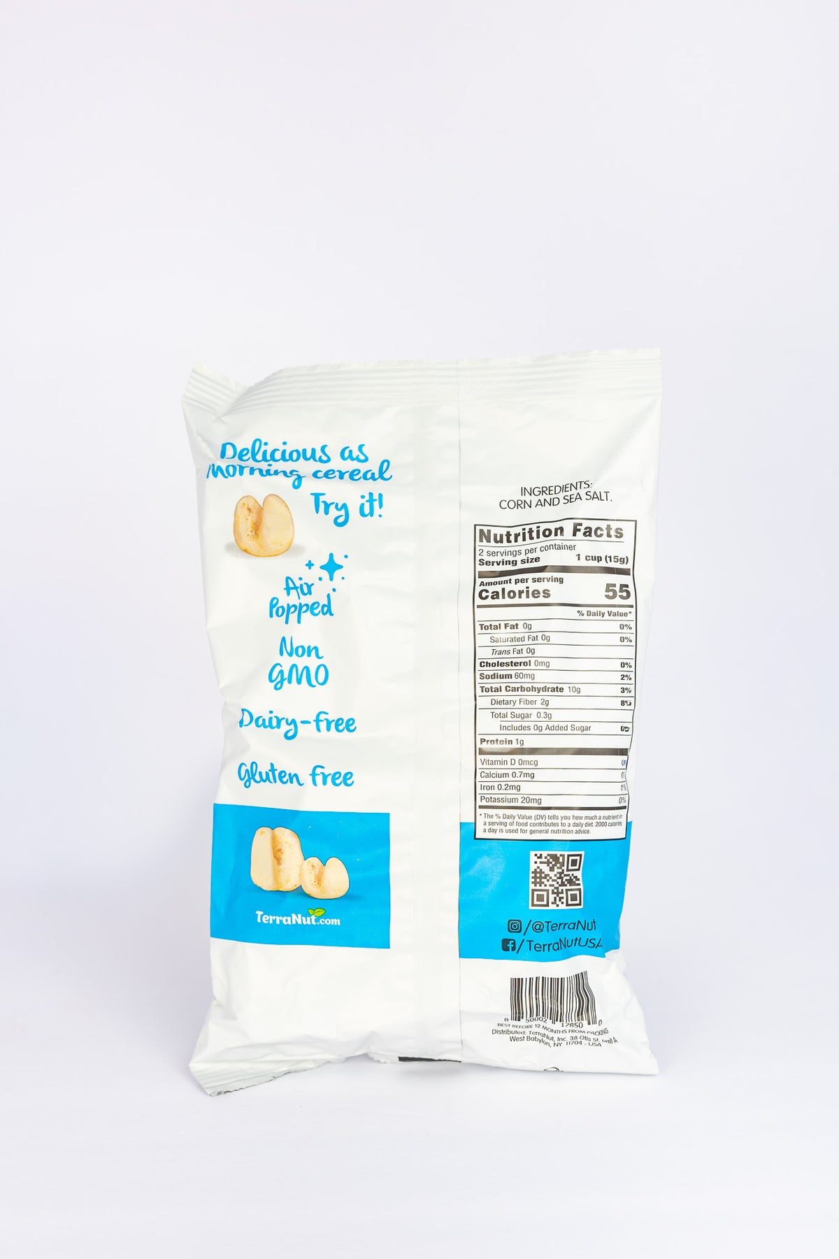 Back of a TerraNut New Pop sea salt bag showing Nutrition Facts and ingredients.