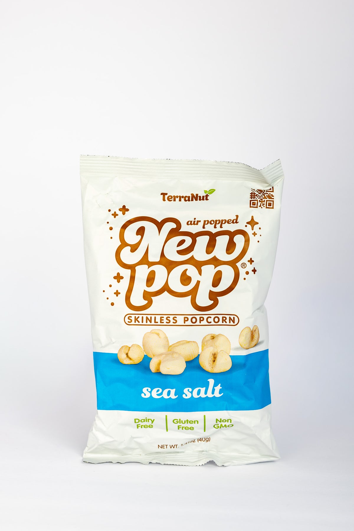 Front of a TerraNut New Pop sea salt skinless popcorn bag.