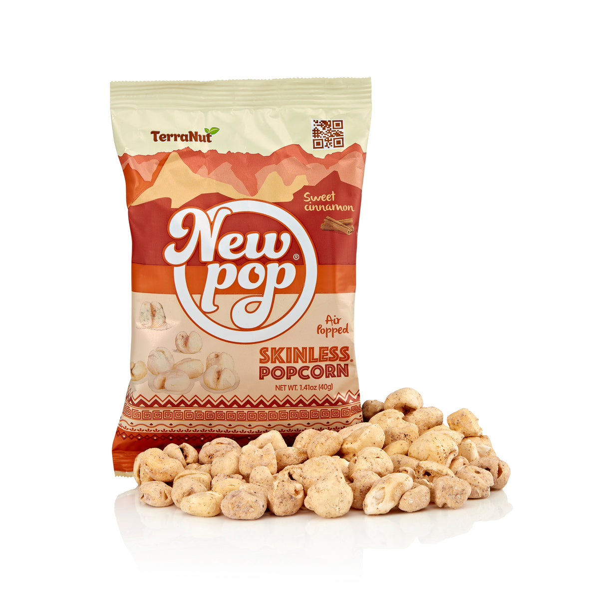 TerraNut New Pop Sweet Cinnamon skinless popcorn, ten-pack box.