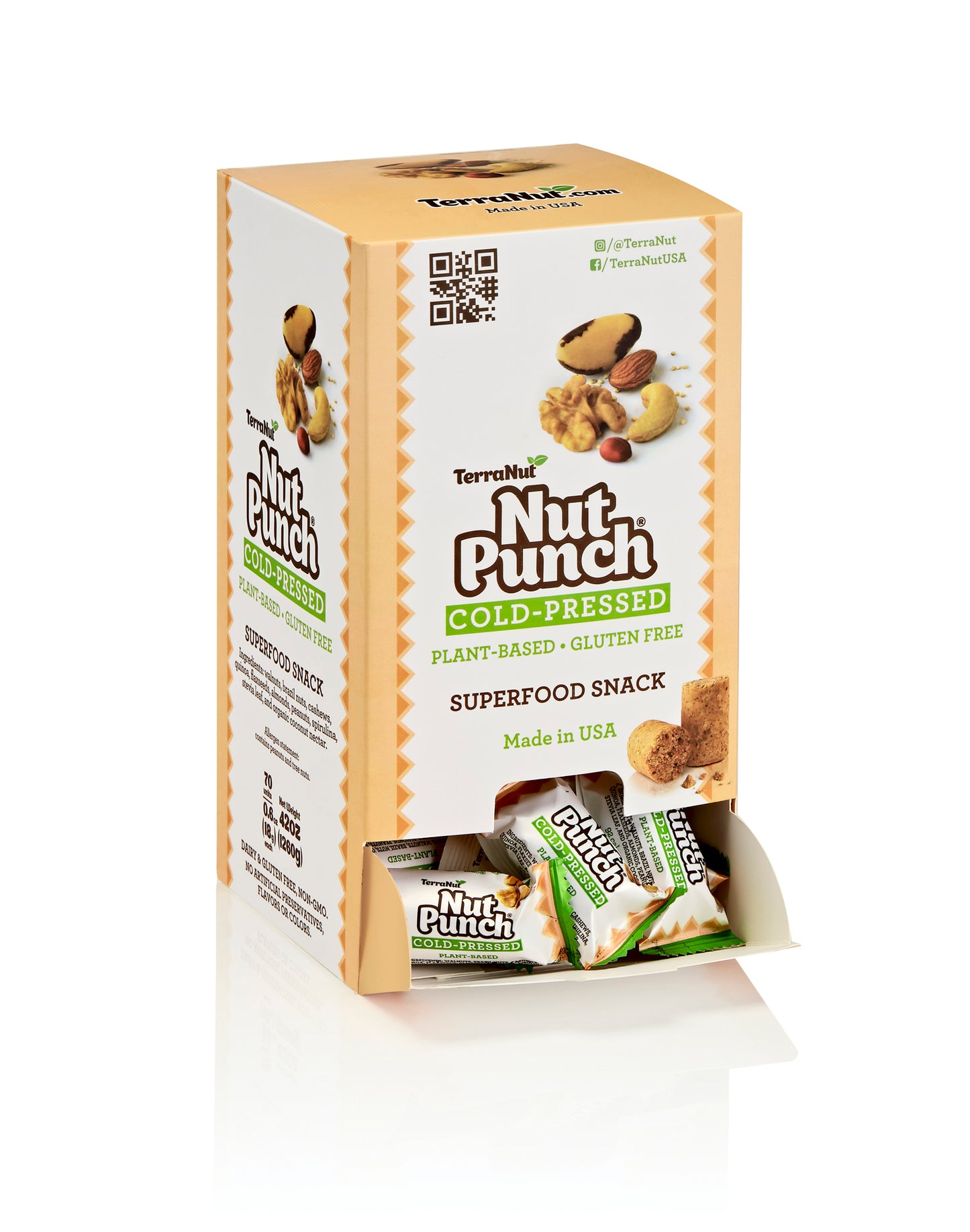 A TerraNut Nut Punch gravity box dispenser containing 70 cold-pressed snacks, designed for easy access on retail counters or in office breakrooms.