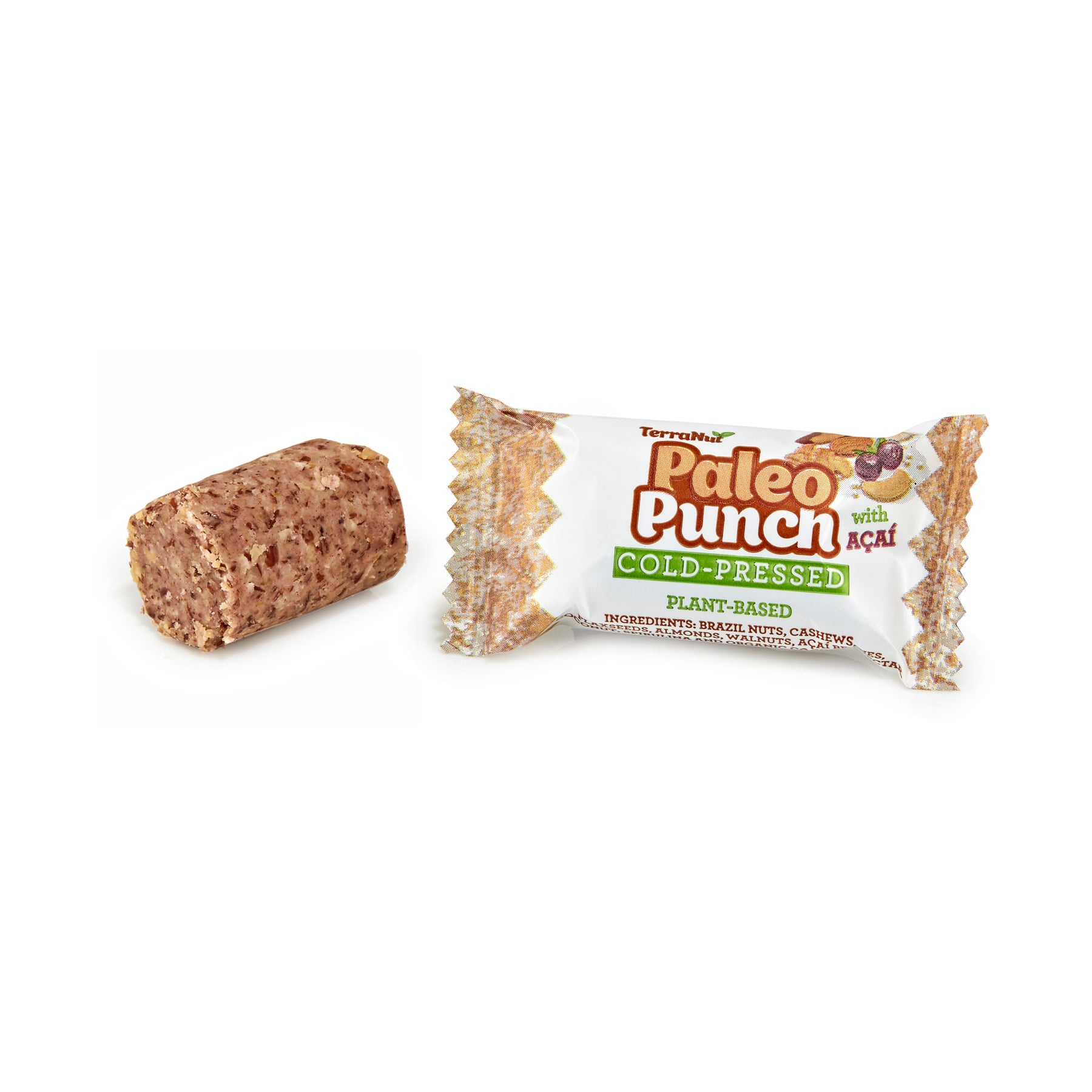 A single TerraNut Paleo Punch snack unwrapped to show its unique cylinder shape next to the white and orange cold-pressed wrapper with Açaí.