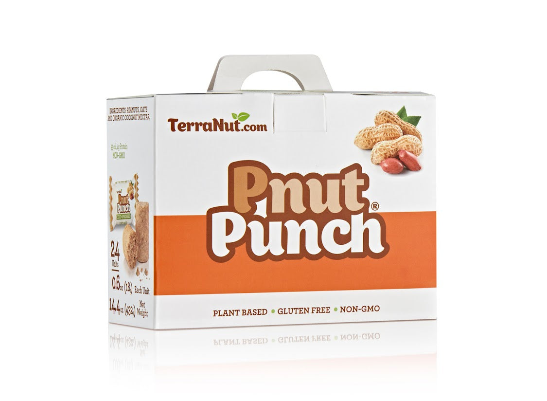 Front view of the TerraNut Pnut Punch 24-unit display box. Packaging highlights cold-pressed, plant-based, and gluten-free ingredients with fresh peanut imagery.