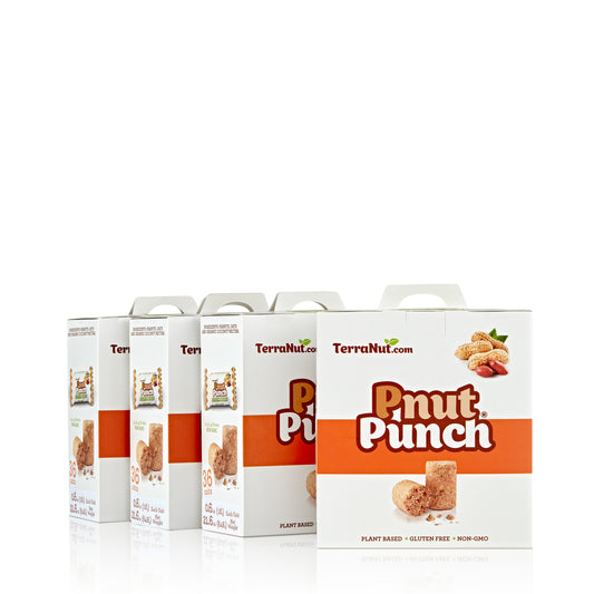 A bulk set of four TerraNut Pnut Punch boxes, ideal for loyal fans who want to stock up on their favorite plant-based, cold-pressed peanut and seed snacks.