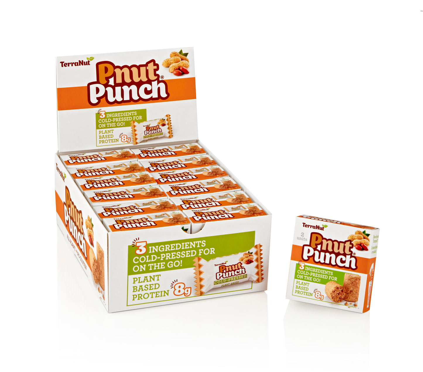 A large retail display box filled with individual TerraNut Pnut Punch snacks alongside a smaller 2-pack box, highlighting 8g of plant-based protein and three cold-pressed ingredients.