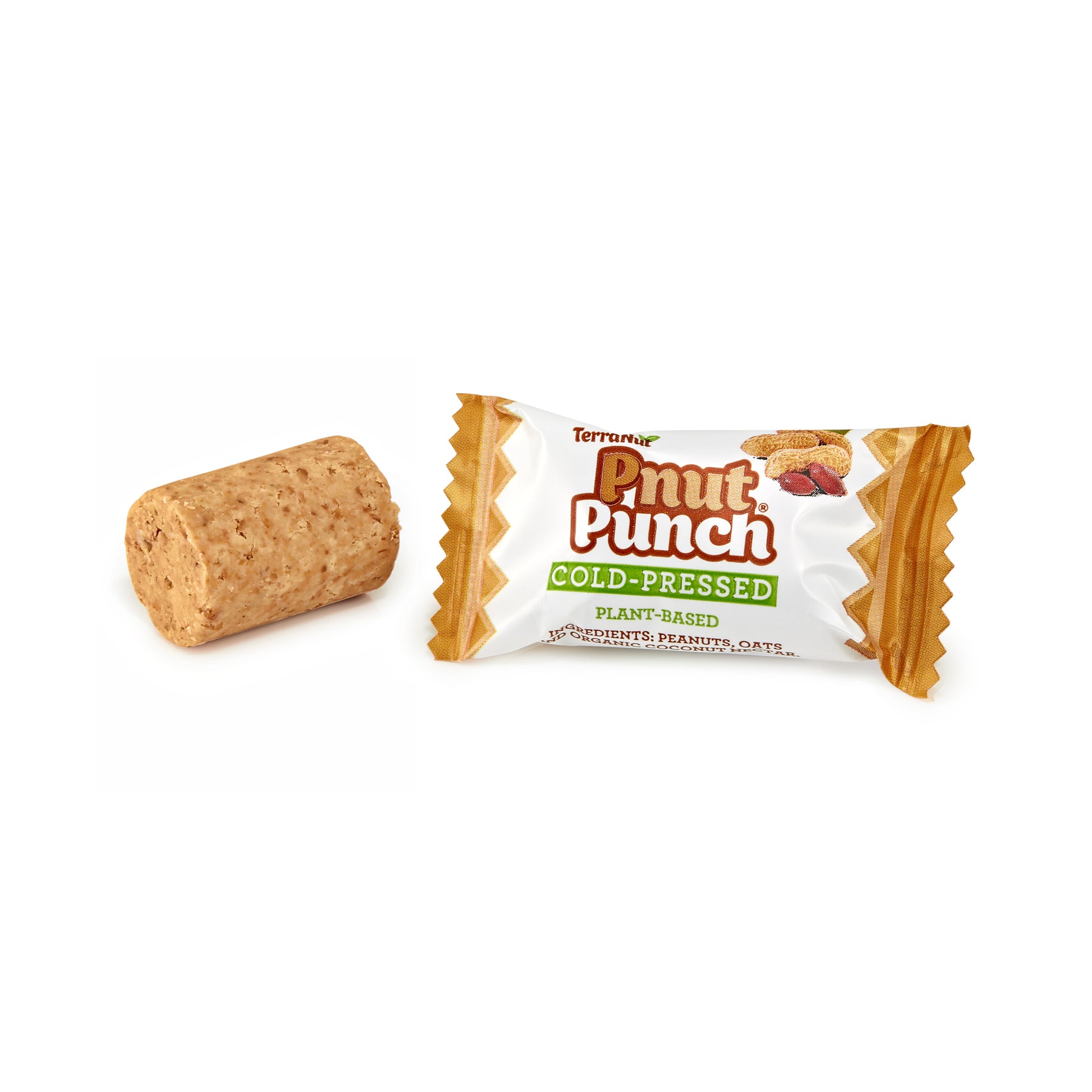 A single TerraNut Pnut Punch snack unwrapped to show its unique cylinder shape next to its white and orange cold-pressed packaging.