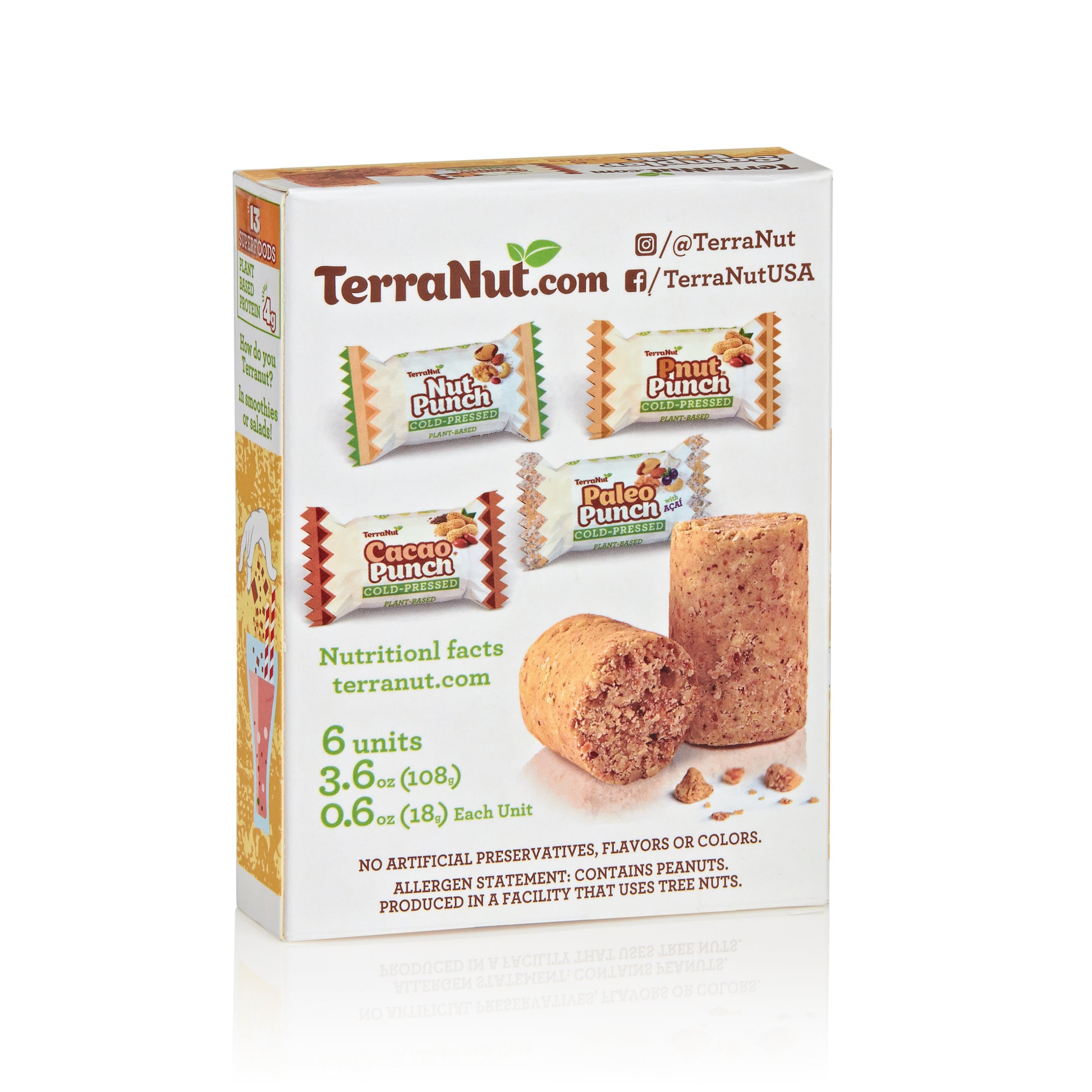 Back view of the TerraNut Sampler Pack 6-unit box, showing nutrition facts, social media handles @TerraNut, and confirming no artificial preservatives, flavors, or colors.