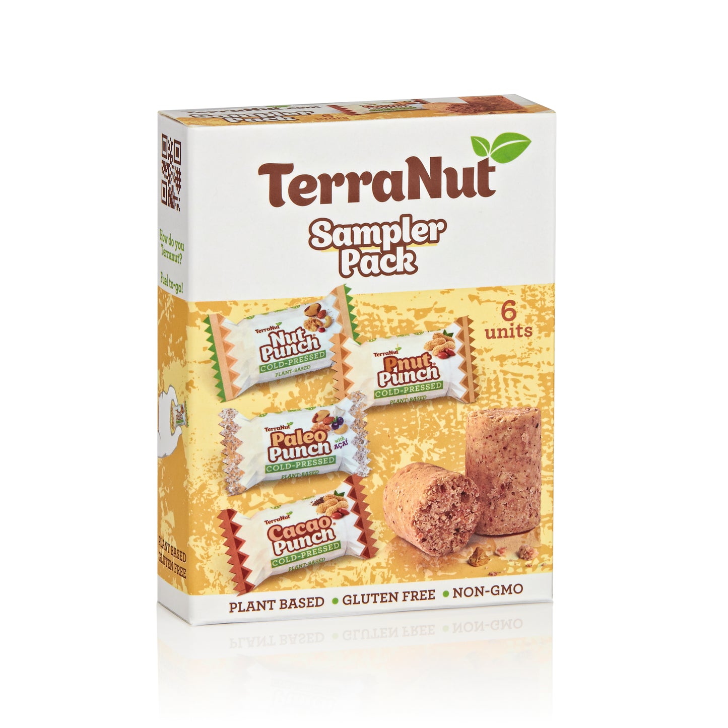 Front view of the TerraNut Sampler Pack 6-unit box, showing a mix of Nut Punch, Pnut Punch, Paleo Punch, and Cacao Punch flavors, highlighting it as plant-based, gluten-free, and non-GMO.