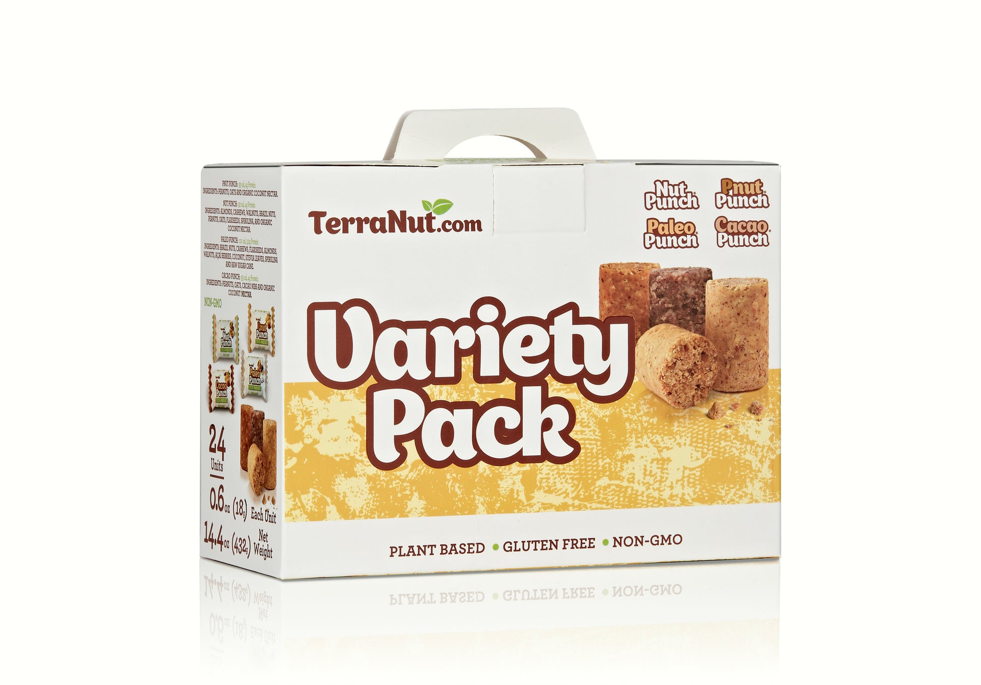 Front view of the TerraNut Variety Pack 24-unit box, featuring Nut Punch, Pnut Punch, Paleo Punch, and Cacao Punch flavors in a plant-based and gluten-free snack assortment.
