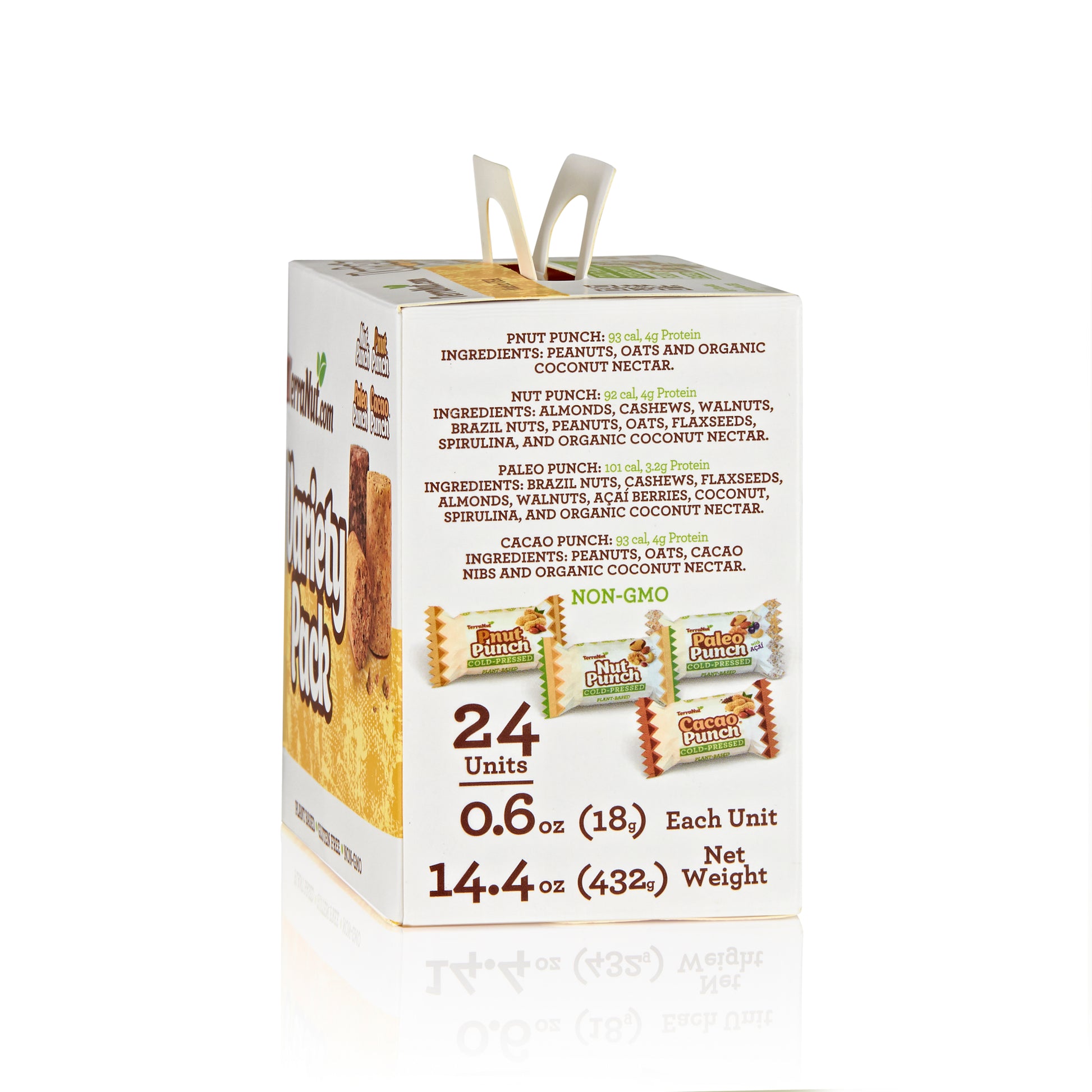 Side view of the TerraNut Variety Pack 24-unit box, an assortment of Nut Punch, Pnut Punch, Paleo Punch, and Cacao Punch snacks on a white background.