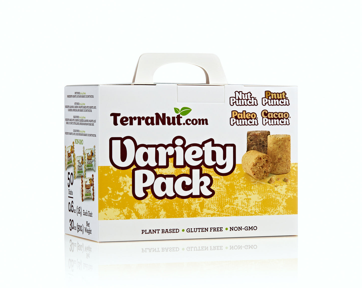 Front view of the TerraNut Variety Pack 50-unit box, an assortment of Nut Punch, Pnut Punch, Paleo Punch, and Cacao Punch snacks on a white background.