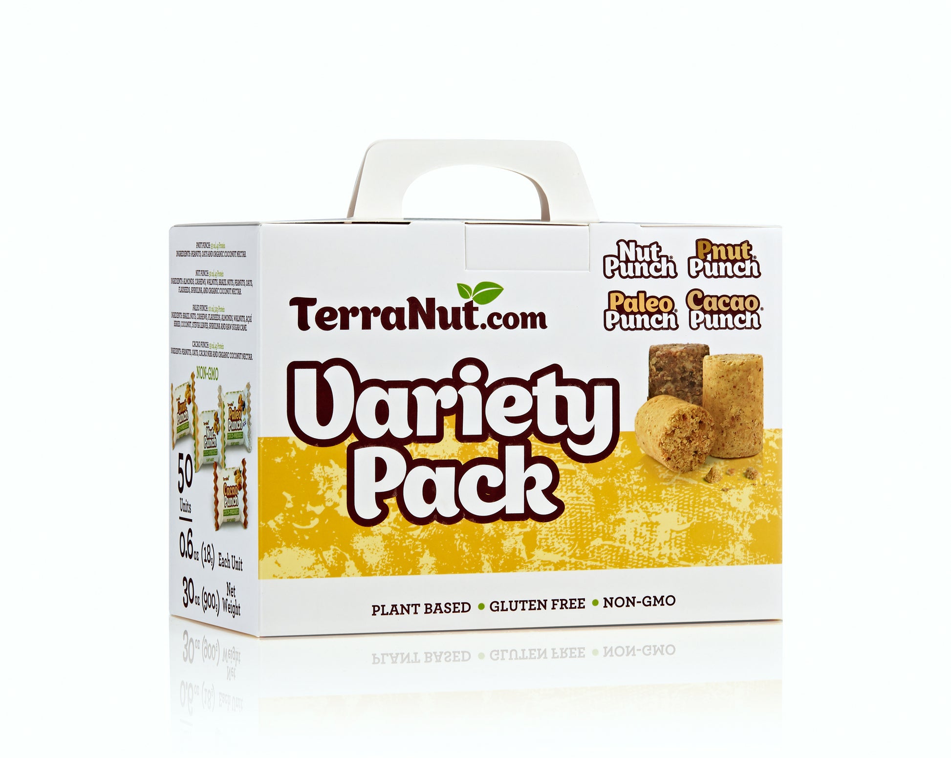 Front view of the TerraNut Variety Pack 50-unit box, an assortment of Nut Punch, Pnut Punch, Paleo Punch, and Cacao Punch snacks on a white background.