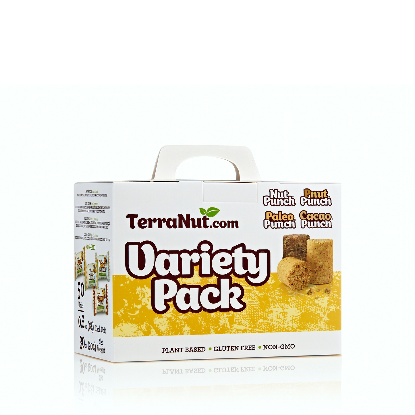 Front view of the TerraNut Variety Pack 50-unit box, an assortment of Nut Punch, Pnut Punch, Paleo Punch, and Cacao Punch snacks on a white background.
