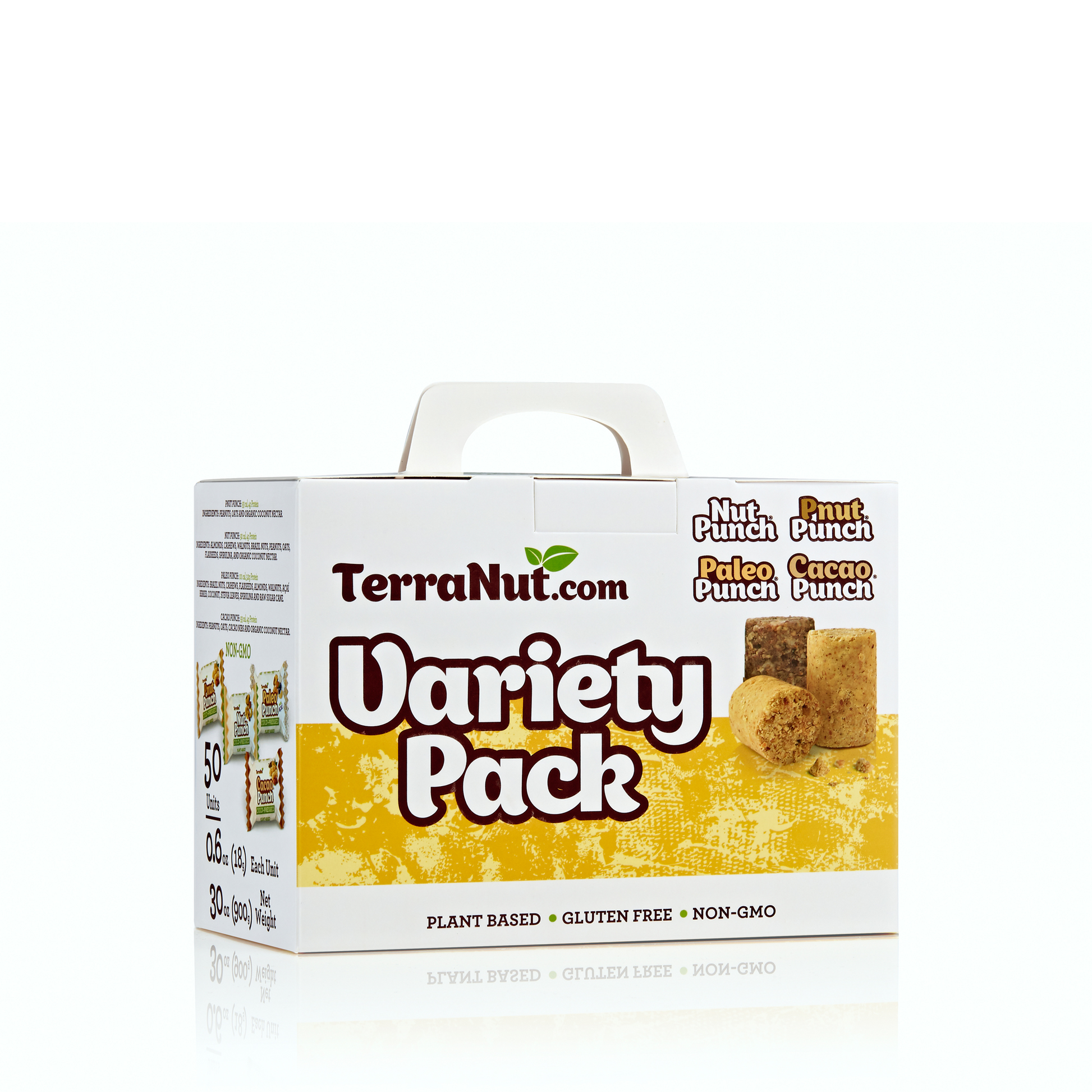Front view of the TerraNut Variety Pack 50-unit box, an assortment of Nut Punch, Pnut Punch, Paleo Punch, and Cacao Punch snacks on a white background.