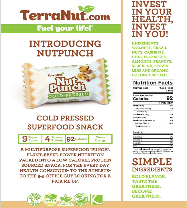 Ingredients: Peanuts, almonds, cashews, walnuts, brazil nuts, oats, flaxseeds, spirulina, organic coconut nectar