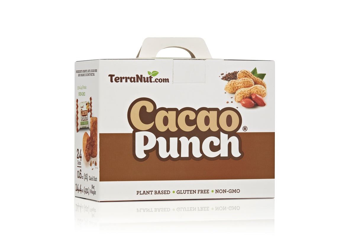 Front view of the TerraNut Cacao Punch 24-unit box, a cold-pressed, plant-based snack made with cacao.