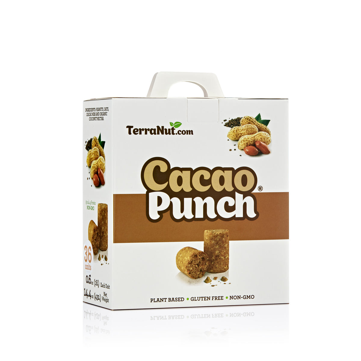TerraNut Cacao Punch 36-count box of cold-pressed cacao snack bars, plant-based and gluten-free.