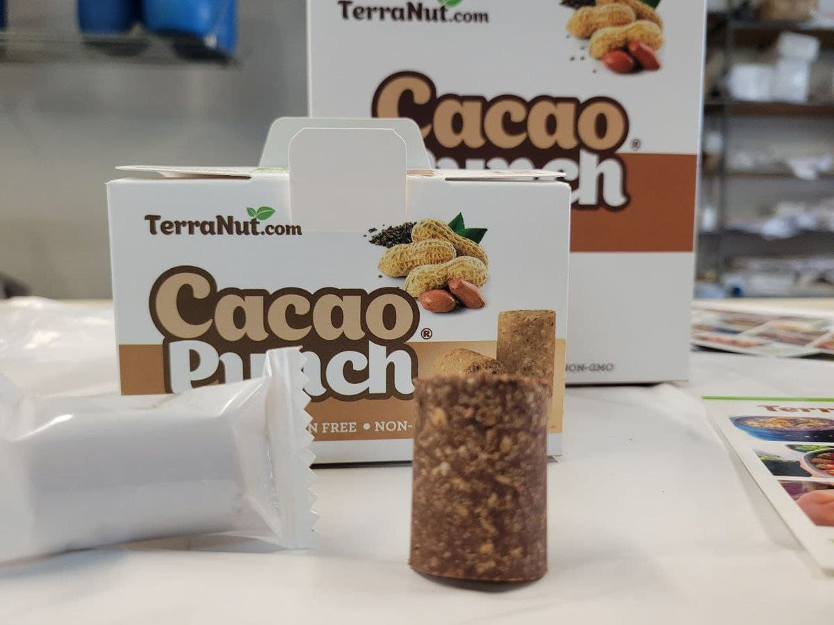 TerraNut Cacao Punch cold-pressed snack bars, part of the 70-count wholesale gravity box lineup.