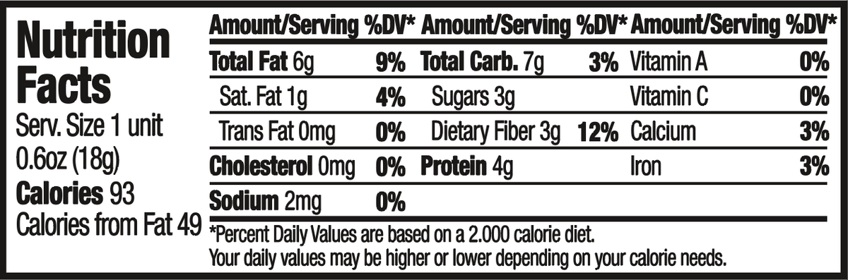Nutrition Facts label for TerraNut Cacao Punch cold-pressed cacao snack bar.