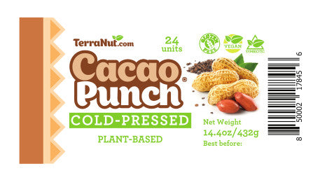 TerraNut Cacao Punch cold-pressed, plant-based snack bar wrapper label laid flat.