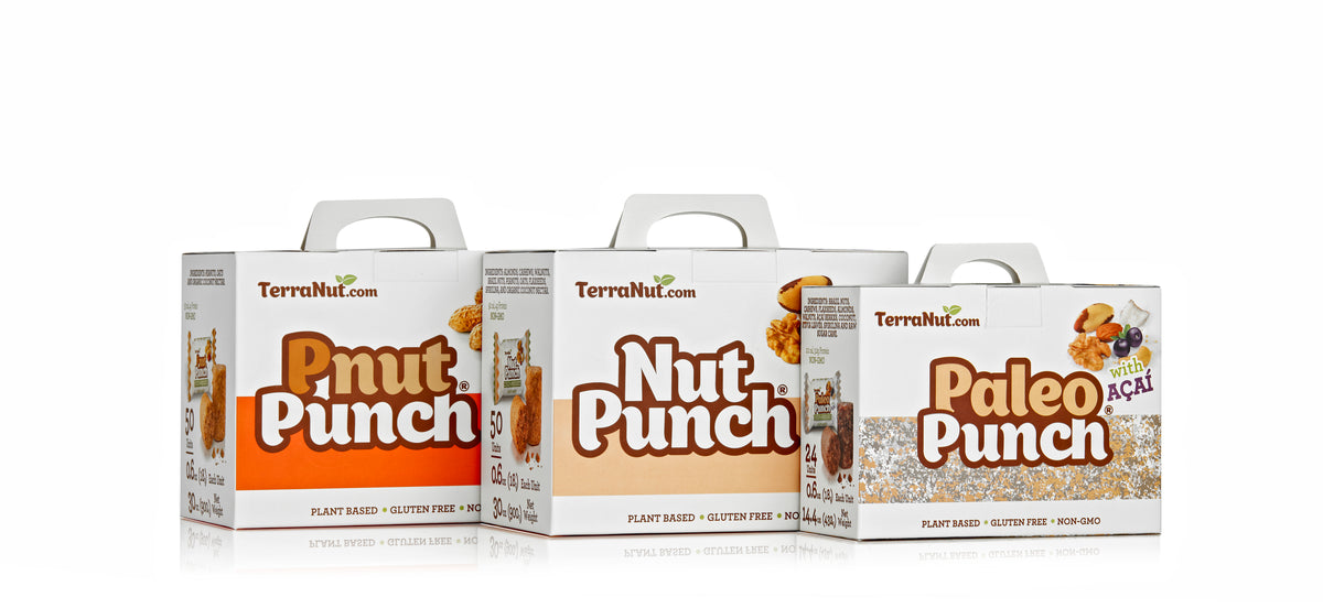 TerraNut Family 3-Pack: three boxes of assorted cold-pressed snack flavors totaling 124 pieces.