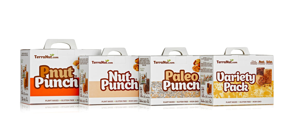 TerraNut Family 4-Pack: four boxes of assorted cold-pressed snack flavors totaling 122 pieces.