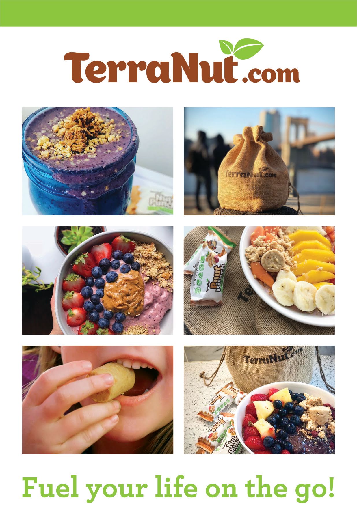 TerraNut promotional postcard featuring smoothie bowls, snack bites, and lifestyle images with the text “Fuel your life on the go!”