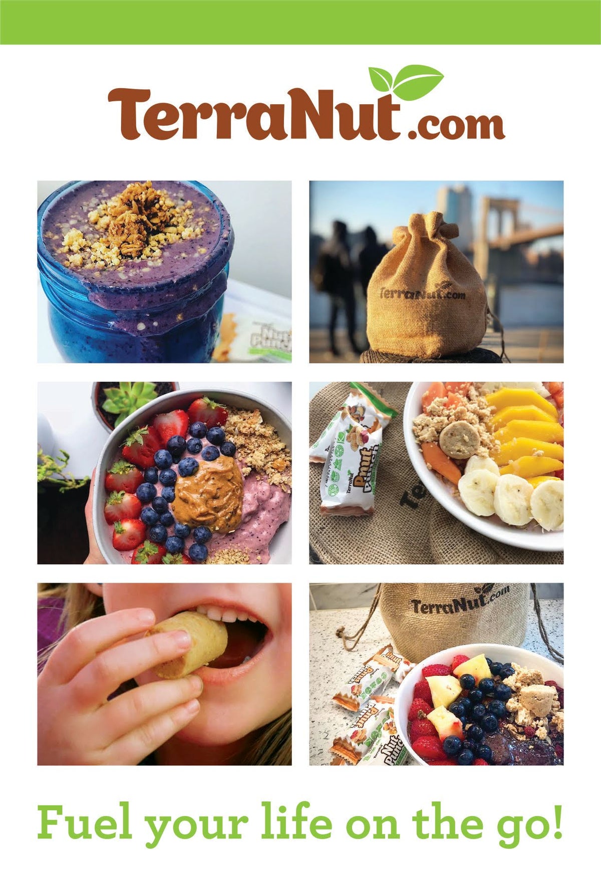 TerraNut promotional postcard featuring smoothie bowls, snack bites, and lifestyle images with the text “Fuel your life on the go!”