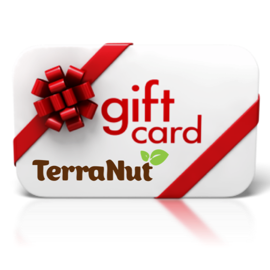TerraNut gift card with red ribbon and bow graphic on a transparent background.