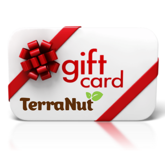 TerraNut gift card with red ribbon and bow graphic on a transparent background.