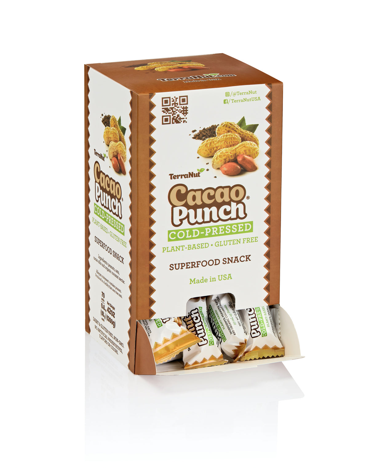 TerraNut 70-count wholesale gravity box display featuring all flavors, including Cacao Punch.