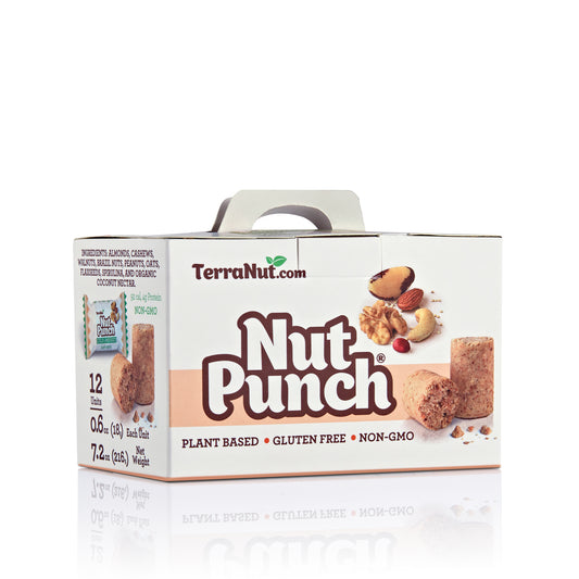 Front view of the TerraNut Nut Punch 12-unit box, showing a bulk supply of plant-based, cold-pressed snacks made with walnuts, Brazil nuts, and cashews.