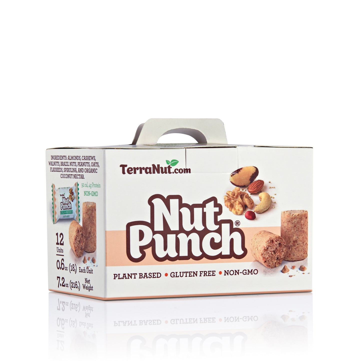 Front view of the TerraNut Nut Punch 12-unit box, showing a bulk supply of plant-based, cold-pressed snacks made with walnuts, Brazil nuts, and cashews.