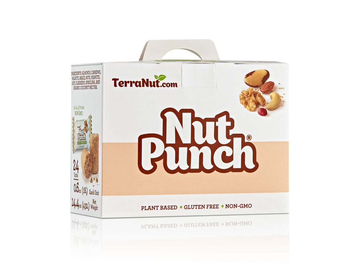 Front view of the TerraNut Nut Punch 24-unit box, a cold-pressed, plant-based snack made with walnuts, Brazil nuts, and cashews.