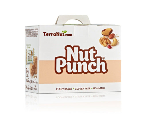 Front view of the TerraNut Nut Punch 24-unit box, featuring a plant-based and gluten-free blend of cold-pressed walnuts, Brazil nuts, and cashews.