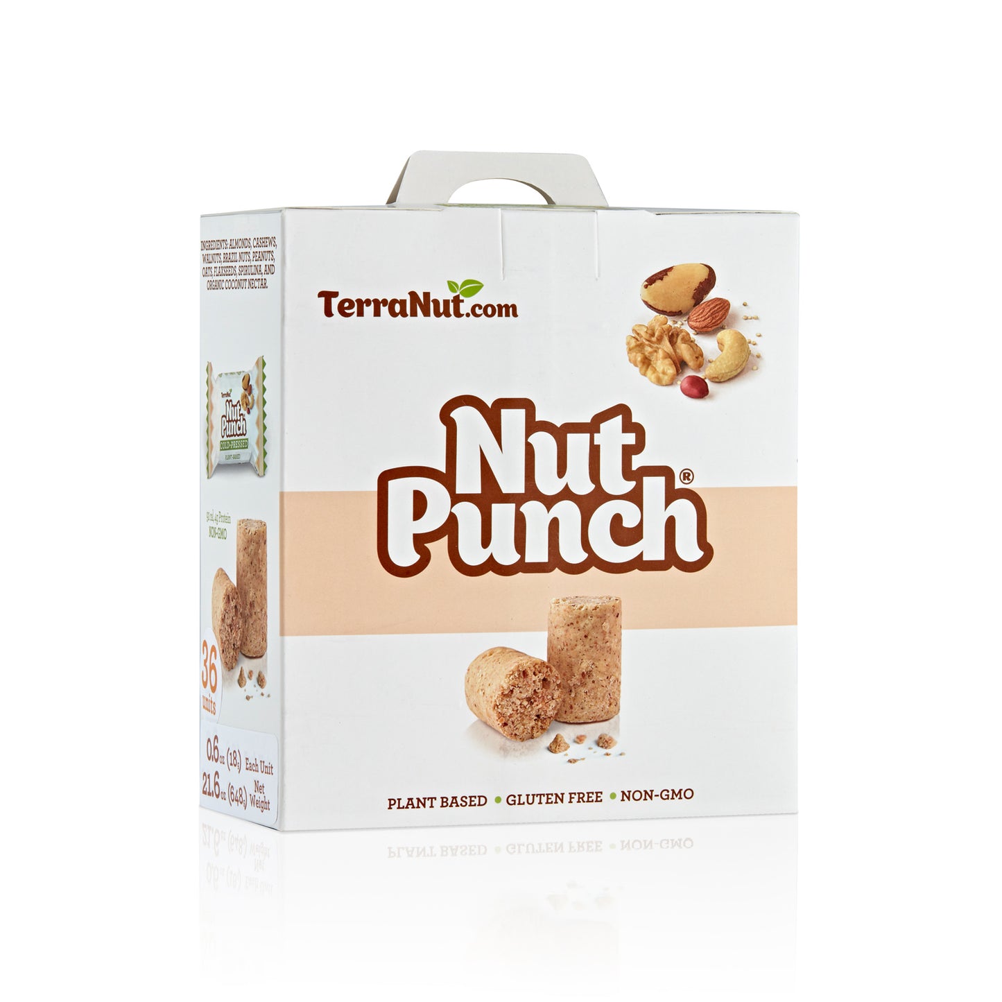 Front view of the TerraNut Nut Punch 36-unit box, showing a bulk supply of plant-based, cold-pressed snacks made with walnuts, Brazil nuts, and cashews.