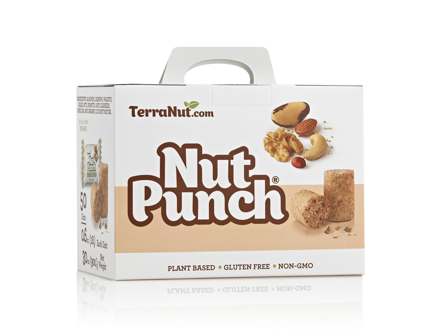  Front view of the TerraNut Nut Punch 50-unit box, featuring a blend of walnuts, Brazil nuts, and cashews in cold-pressed, plant-based, and gluten-free snacks.