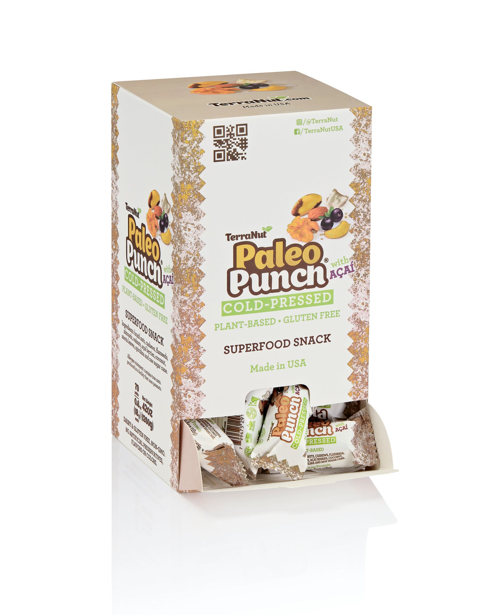 A TerraNut Paleo Punch gravity box dispenser with 70 cold-pressed snacks featuring Açaí, walnuts, and honey, labeled as plant-based and gluten-free on a white background.