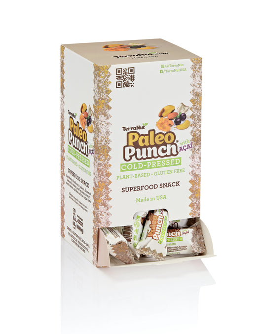 A TerraNut Paleo Punch gravity box dispenser with 70 cold-pressed snacks featuring Açaí, walnuts, and honey, labeled as plant-based and gluten-free on a white background.