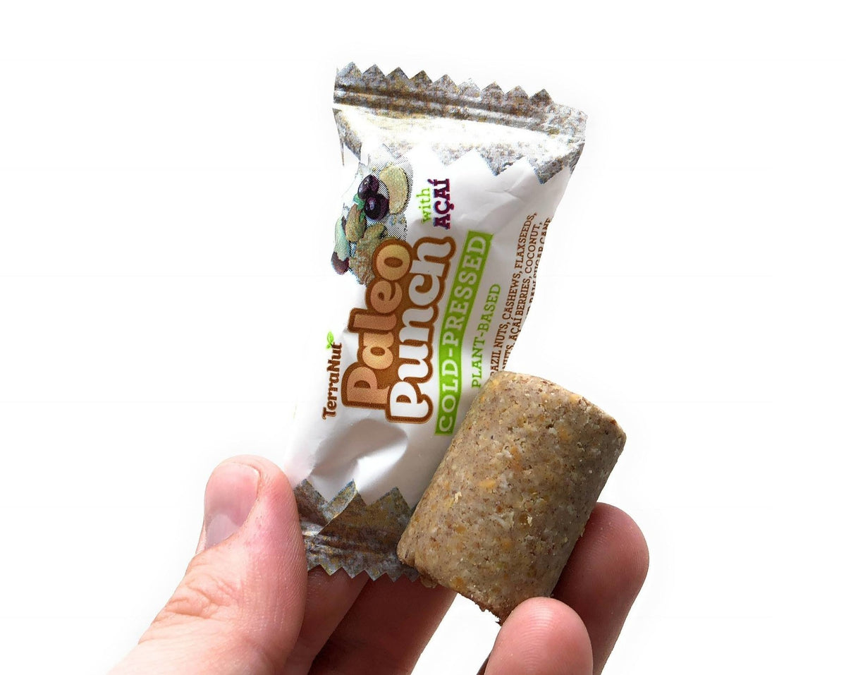 TerraNut Paleo Punch snack bars made with Acai, walnuts, and Brazil nuts, a plant-based, gluten-free, cold-pressed superfood snack.