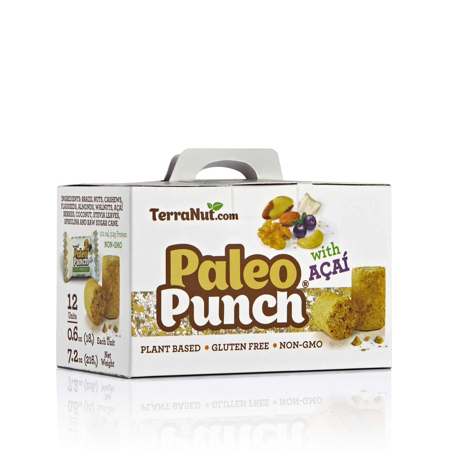 Front view of the TerraNut Paleo Punch 12-unit box, featuring Açaí, walnuts, and Brazil nuts in a plant-based, cold-pressed, and gluten-free superfood snack.