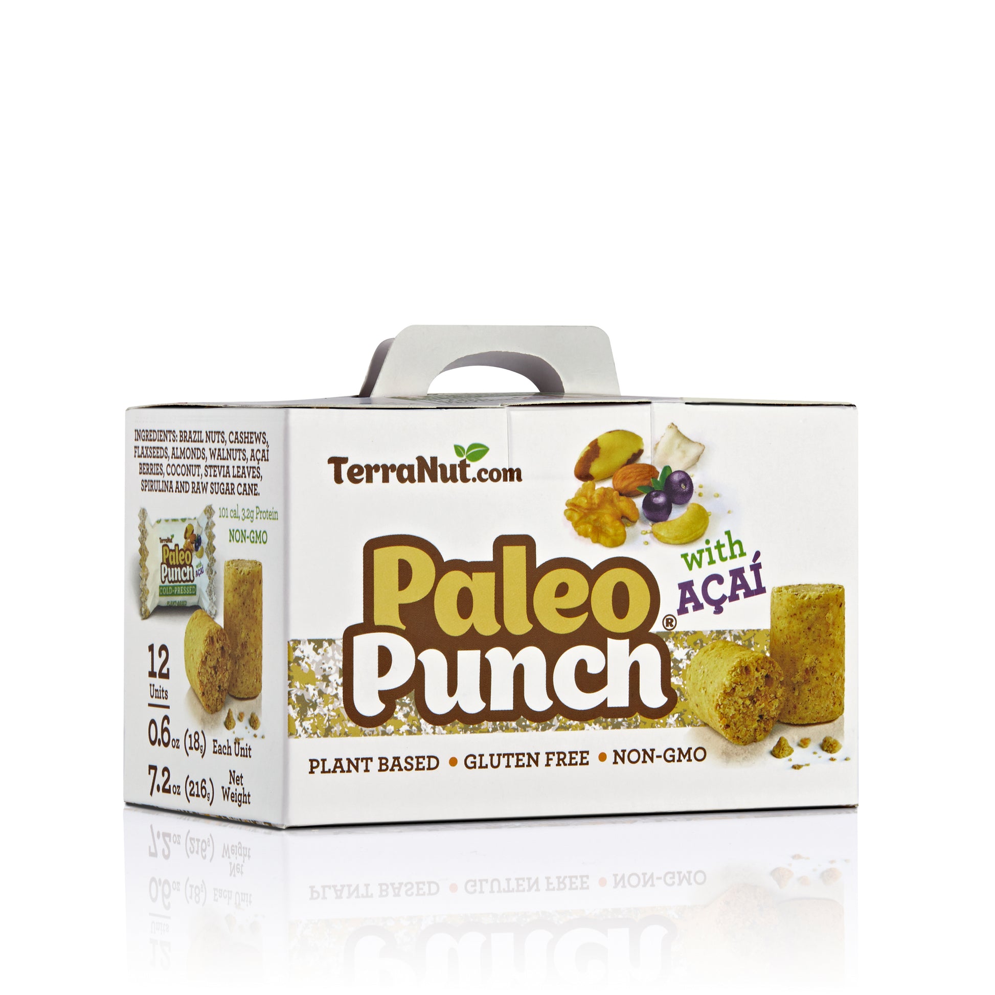 Front view of the TerraNut Paleo Punch 12-unit box, featuring Açaí, walnuts, and Brazil nuts in a plant-based, cold-pressed, and gluten-free superfood snack.